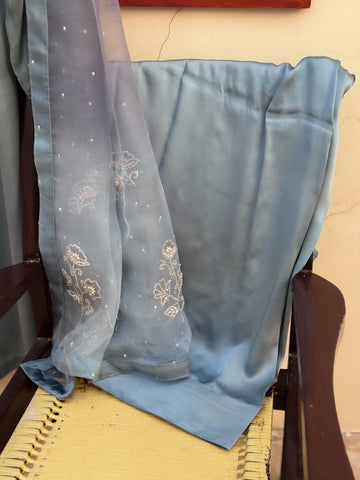 Regal Bluish Grey Silk Ensemble with Intricate Embroidery