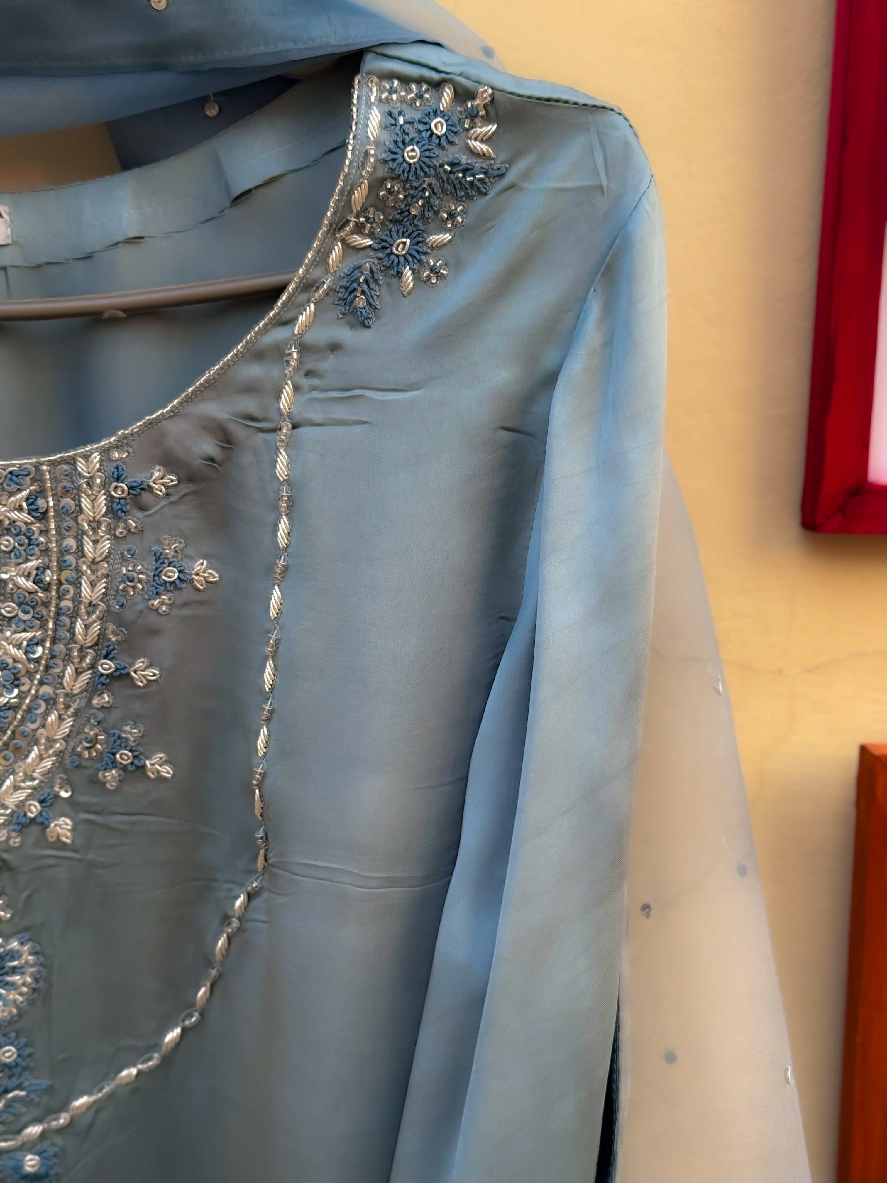 Regal Bluish Grey Silk Ensemble with Intricate Embroidery