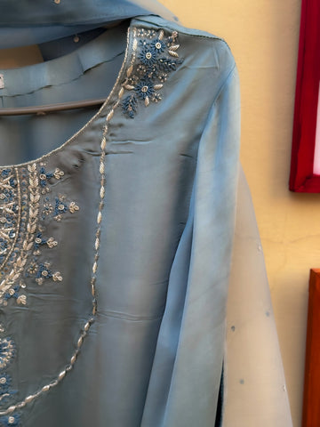 Regal Bluish Grey Silk Ensemble with Intricate Embroidery