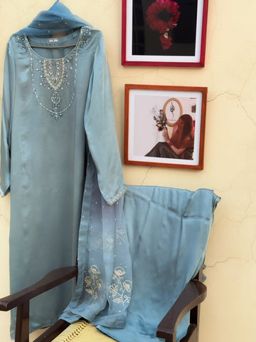 Regal Bluish Grey Silk Ensemble with Intricate Embroidery