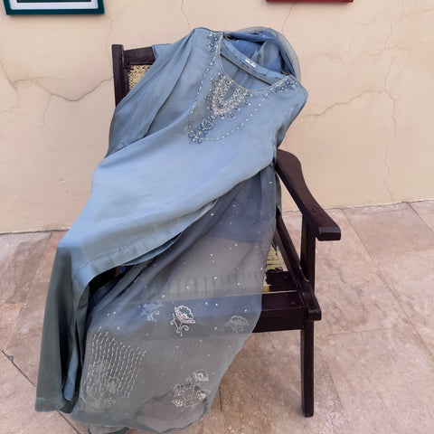 Regal Bluish Grey Silk Ensemble with Intricate Embroidery