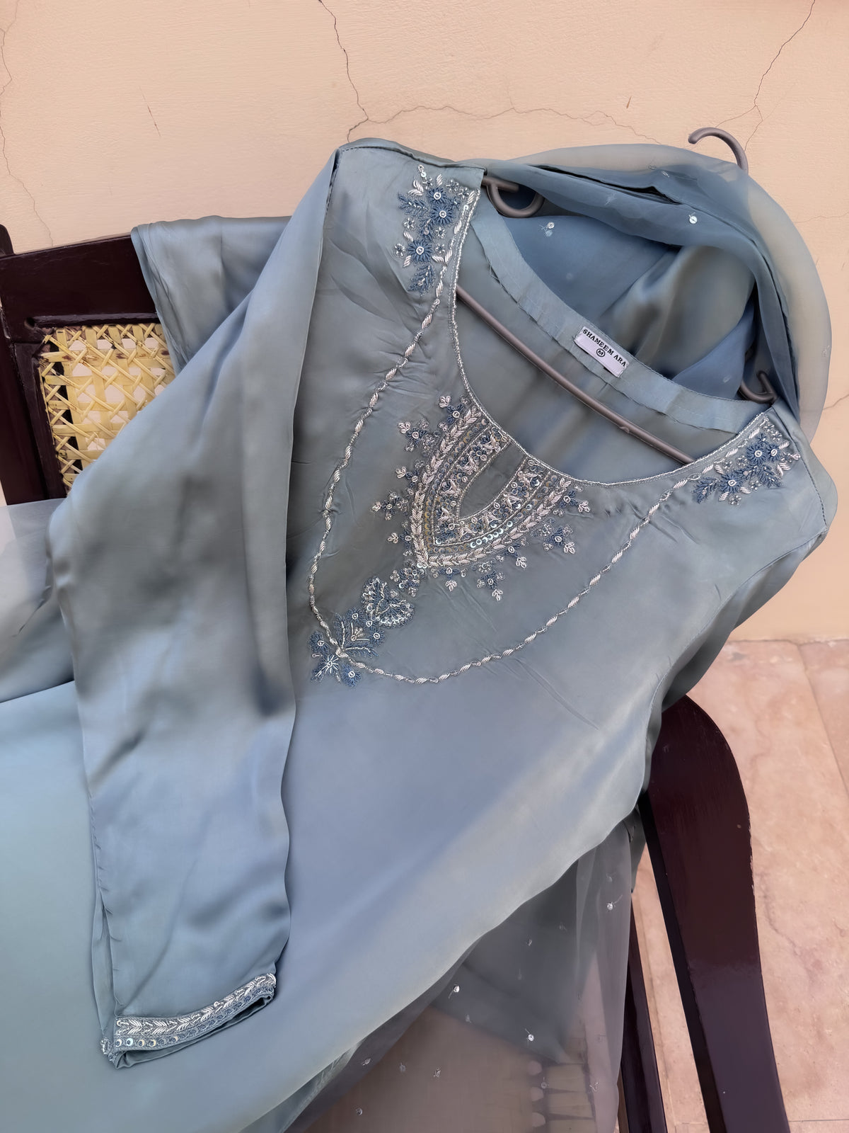 Regal Bluish Grey Silk Ensemble with Intricate Embroidery